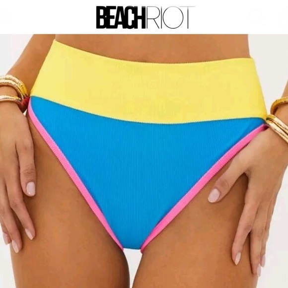 Beach Riot Emmy Bikini Bottoms Coral Reef Colorblock Blue Soft Yellow Sz M Nwt